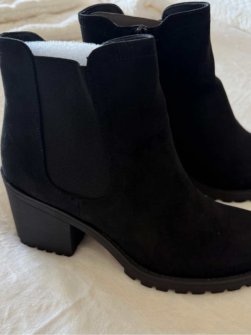 Sun + Stone Black Suede Chelsea Block Heel Ankle Boots
